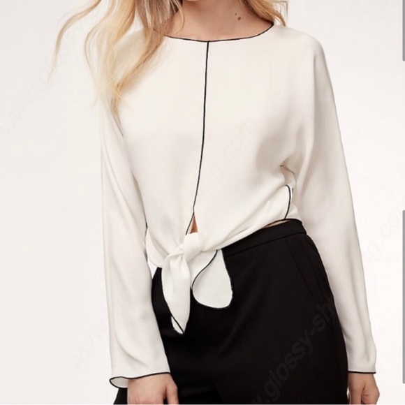 Aritzia Abasi Tie-Front Blouse - White with Black piping, XS - Picture 3 of 6